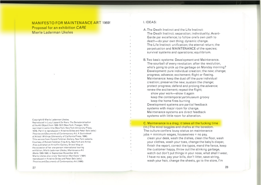 Annotated MANIFESTO FOR MAINTENANCE ART, Mierle Laderman Ukeles, P1.png